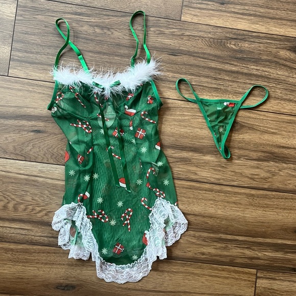 NWT Green Christmas Print Lingerie Santa Lace Babydoll Chemise Sleepwear - Picture 12 of 13